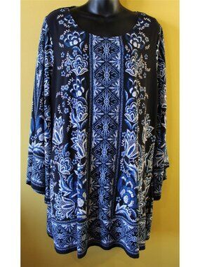Roz & Ali Woman 2x Blue White Black Textured Tunic Top Flared Split Slvs